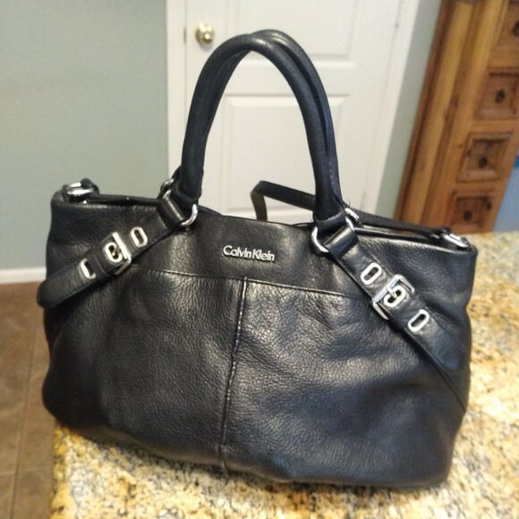 Calvin Klein Black Pebble Leather Convertible Satchel Shoulder Bag Buckle Accent - Picture 1 of 12